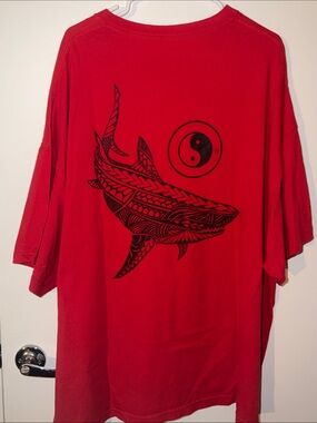 T&C Hawaii Red Graphic T-Shirt with Black Shark and Yin Yang